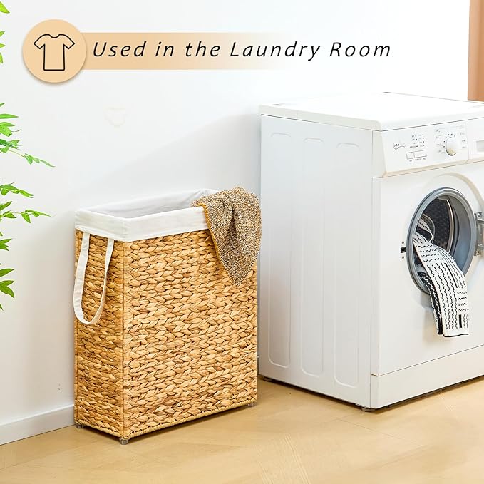Handwoven Slim Laundry Hamper, 75L Narrow Laundry Basket, Natural Water Hyacinth Basket and Handles and Removable Liner Bag & 2 Mesh Bags (Natural, 75L) - Image 3