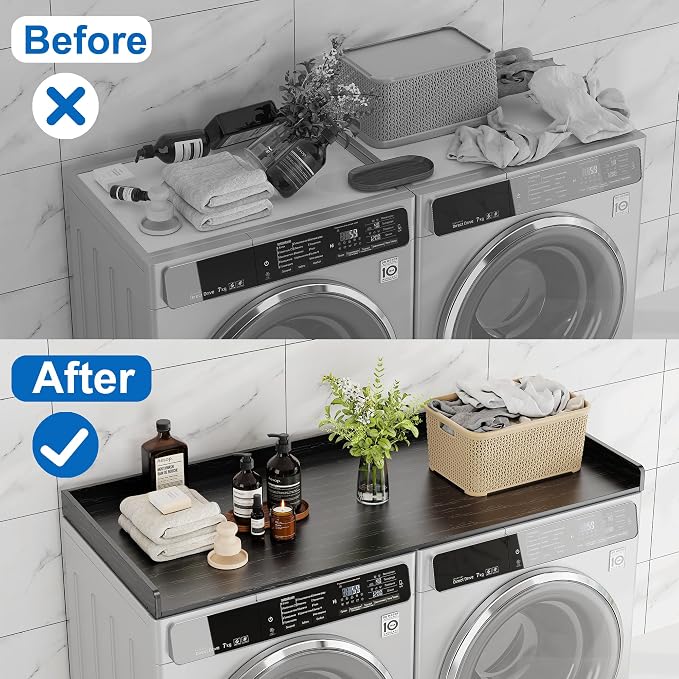 efluky Washer Dryer Countertop, Wood Countertop with Edge Rails for Laundry Room Organization and Storage, Washer Dryer Topper for Laundry Room, 27.5" x 54" Black - Image 2