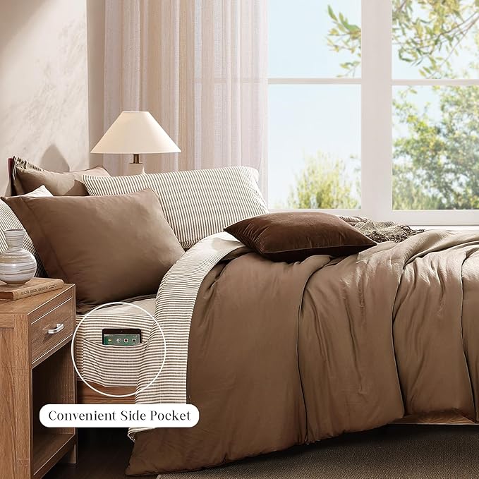 Monbix Queen Comforter Set - 7 Pieces Brown Prewashed Bed in a Bag Queen Bedding Sets with Comforters, All Seasons Ultra Soft Comforter Bed Set with Sheets,Pillowcases & Shams