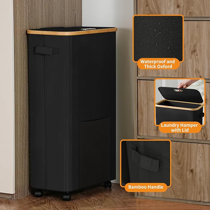 Laundry Basket with Wheels, Dirty Clothes Hamper on Wheels, Rolling Tall Laundry Hamper with lid for Laundry Room, Dorm and Bathroom, 75L Black - Image 3