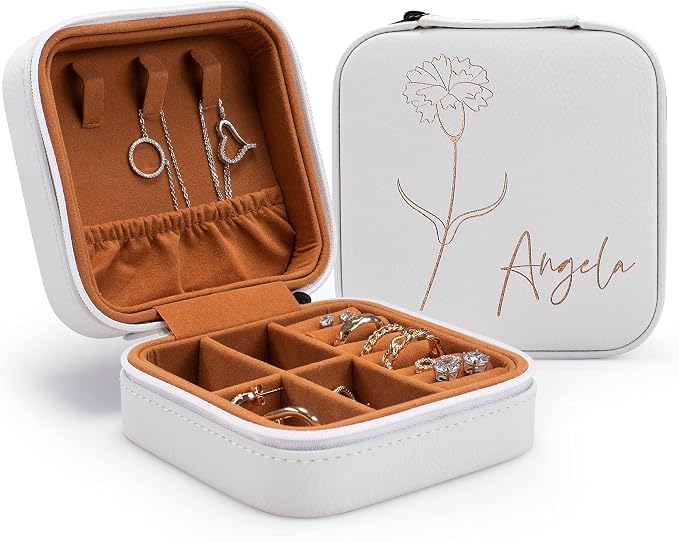 Custom Leather Jewelry Box w/Name & Birth Flower Month - Birthday Gifts for Women, Personalized Jewelry Travel Case - Customized Jewelry Organizer Box, Mom Birthday Gifts - White by PersonalizationLab