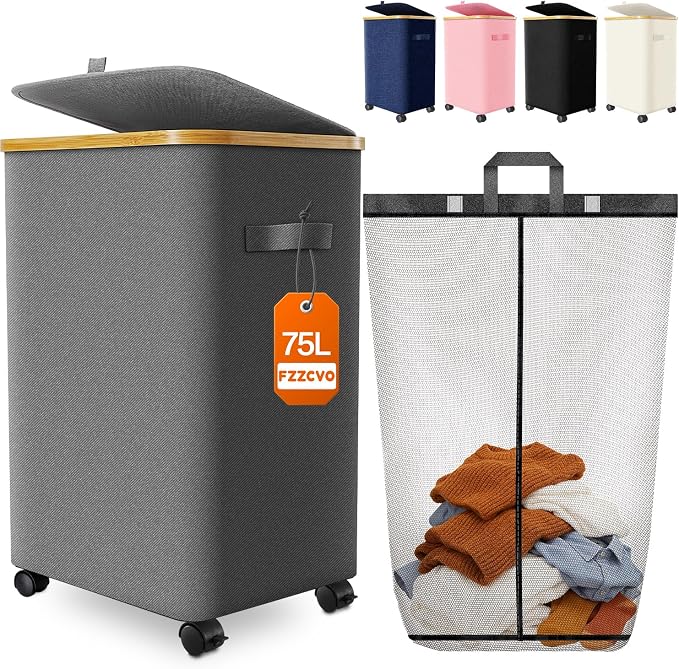 Laundry Hamper with Wheels, 75L Large Clothes Hamper with Removable Inner Bag, Collapsible Dirty Clothes Basket for Dorm, Rolling Dirty Clothes Basket for, Bedroom, Bathroom, Laundry Room by Fzzcvo