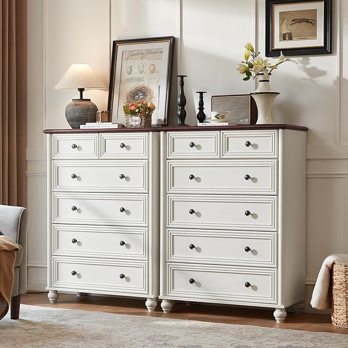 RWYHG Farmhouse 6 Drawer Dresser Set of 2, Chest of Drawers for Bedroom, 43.5" Tall White Dresser with Roman Column, Rustic Wood Storage Dressers Organizer for Living Room, Hallway, Closet