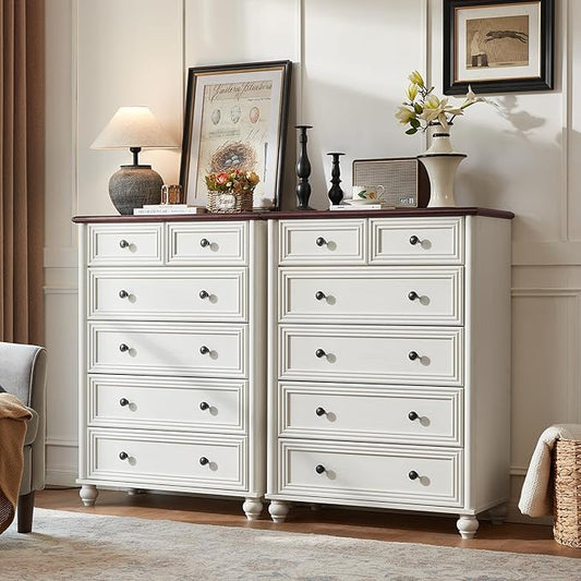 RWYHG Farmhouse 6 Drawer Dresser Set of 2, Chest of Drawers for Bedroom, 43.5" Tall White Dresser with Roman Column, Rustic Wood Storage Dressers Organizer for Living Room, Hallway, Closet
