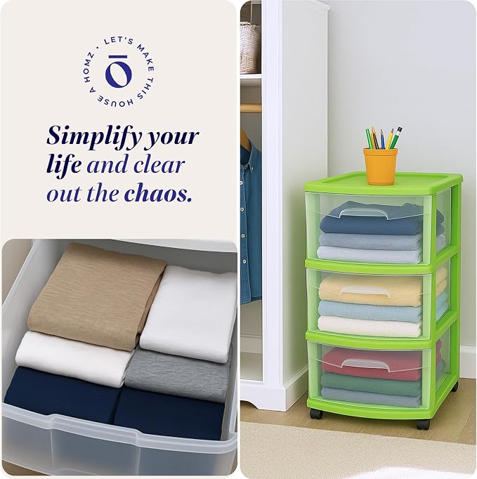 HOMZ 2-Pack Drawer Tower, 3-Tier Clear Plastic Storage Organizer Cart, Bold Lime Frame - Organizing Containers with Wheels for Home, Bathroom, Bedroom, Office, and Classroom - Image 6