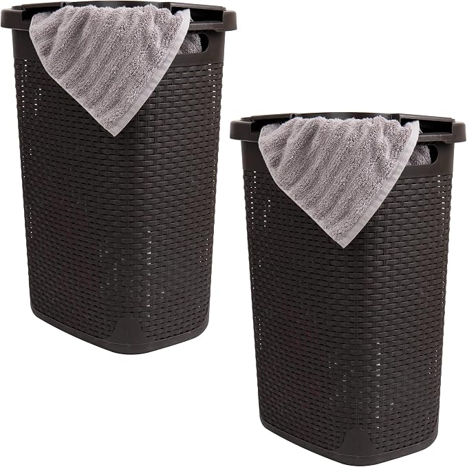 Mind Reader Slim Laundry Hamper with Lid, 60L Tall Clothes Basket, Narrow Tapered Design for Bathrooms, Closets and Laundry Rooms, Plastic, 2 Pack, Brown by MindReader