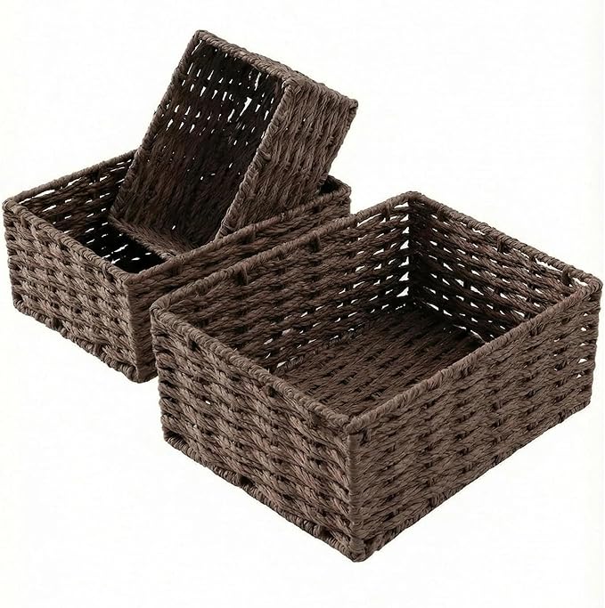 Small Wicker Basket for Organizing, Woven Storage Basket Set of 3 - Handwoven Natural Paper Rope Baskets to Declutter Any Room, Perfect for Organizing and Home Decor (Coffee) - Image 7