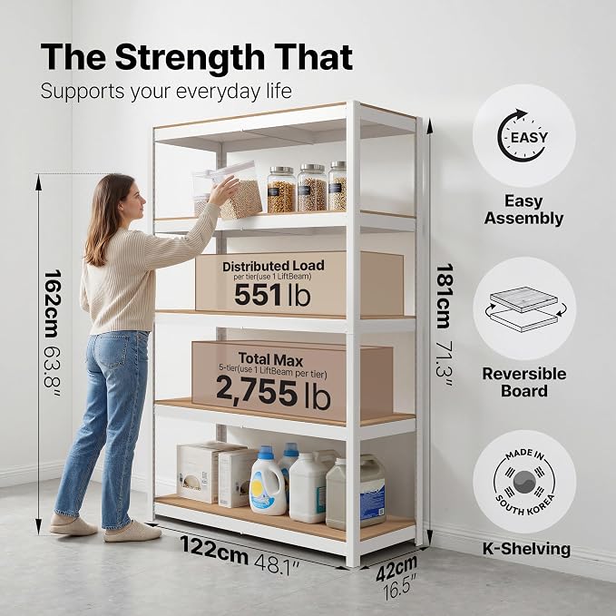 HOMEDANT House 48.1" W 5 Tier Heavy Duty Garage Shelving Adjustable Metal Rack Storage Shelves Standing Shelf Unit Organizers Industrial Warehouse Basement White 2Pack - Image 2