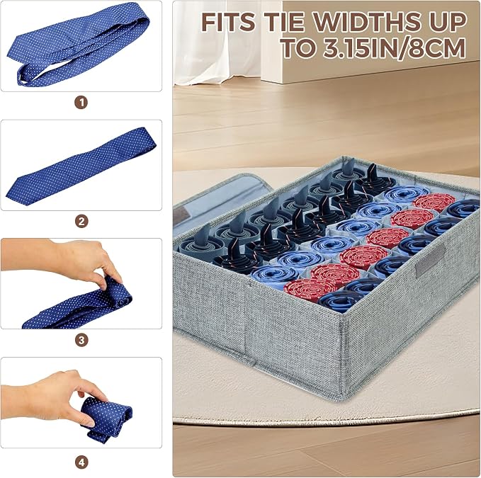 PINGMIC Gray Sock Organizer Divider 4 Pack with Lid - 30 Cell Foldable Closet Storage, Tie Organizer For Men Boxes for Socks, Ties, Belts - Image 5