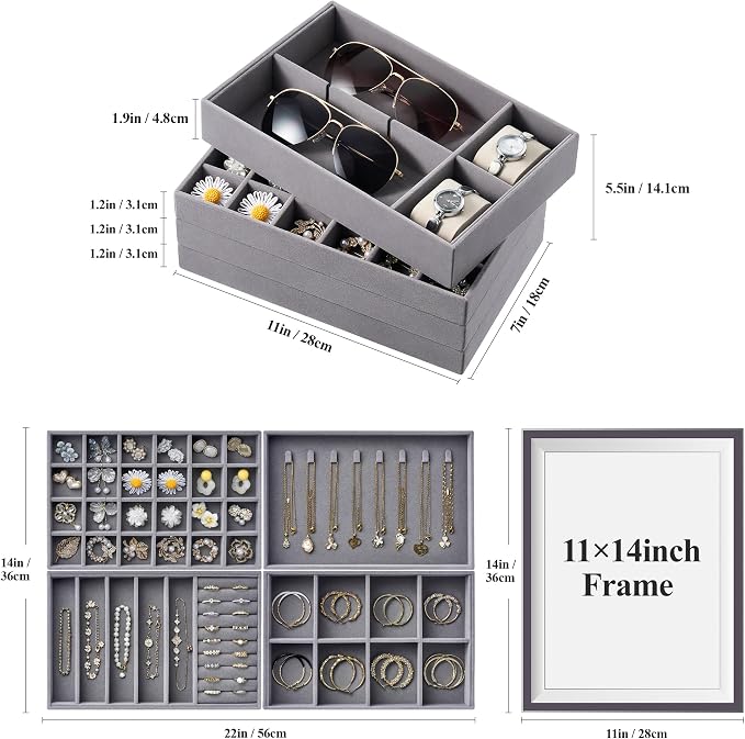 Velvet Jewelry Drawer Organizer Trays – Large Grey Stackable Jewelry Storage Inserts Set, 4-Layer Jewelry Tray Set for Earrings, Rings, Necklaces, Bracelets with Removable Dividers for Dresser, Vanity - Image 2