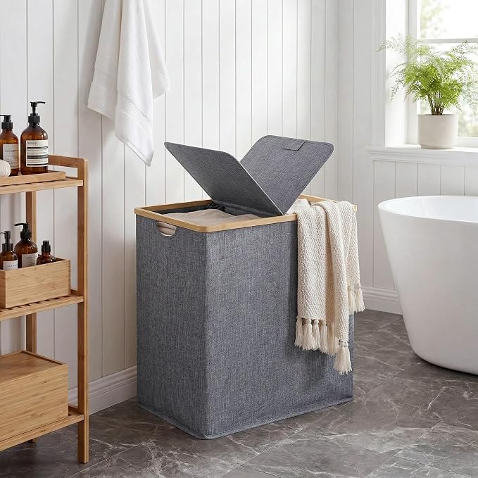 efluky Laundry Hamper with Lid, Double Laundry Hamper with 2 Removable Bags, 2 Section Laundry Basket with Bamboo Handles for Bathroom, Bedroom & Laundry Room, 140L (36.9 Gallon) Blue Grey - Image 7