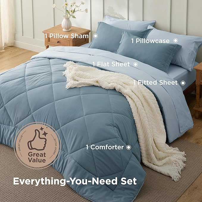 Bedsure Twin Grayish Blue Comforter Set - 5 Pieces Reversible Bedding, Twin Size Bed Set for All Seasons, Bed in a Bag with Down Alternative Comforter, Sheets, Pillowcase & Sham