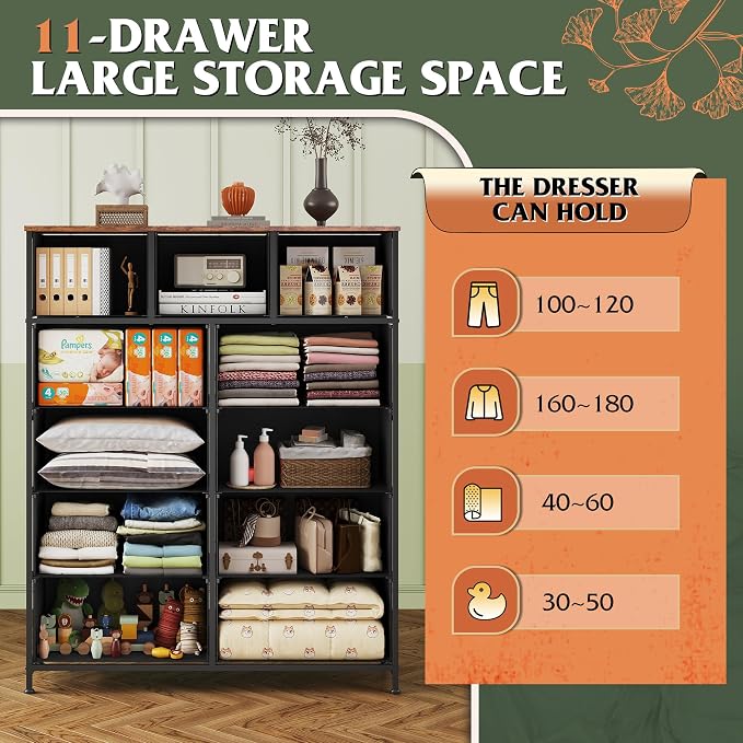 WLIVE Tall Dresser for Bedroom, Fabric Dresser Storage Tower, Chest of Drawers Organizer Unit with 11 Drawers, Storage Cabinet, Hallway, Closets, Steel Frame, Wood Top, Vintage,Floral Painted - Image 5