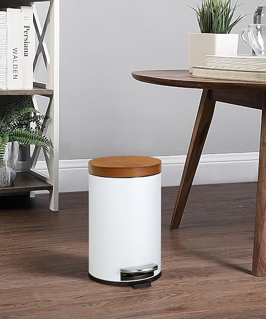 SunnyPoint Elite Bamboo Lid 4.5 Liter (1.2 Gallon) Round Trash Can with Plastic Inner Bucket; Bathroom, Office, Kitchen and Bedroom Step On and Slow Close (White) - Image 2