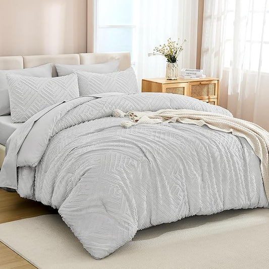 Andency Light Grey Full Size Comforter Set with Sheets - 7 Pieces Bed in a Bag Boho Tufted Bedding Sets Fluffy Lightweight Gray Full Bed Set with Comforter, Sheets, Pillowcases & Shams for All Season