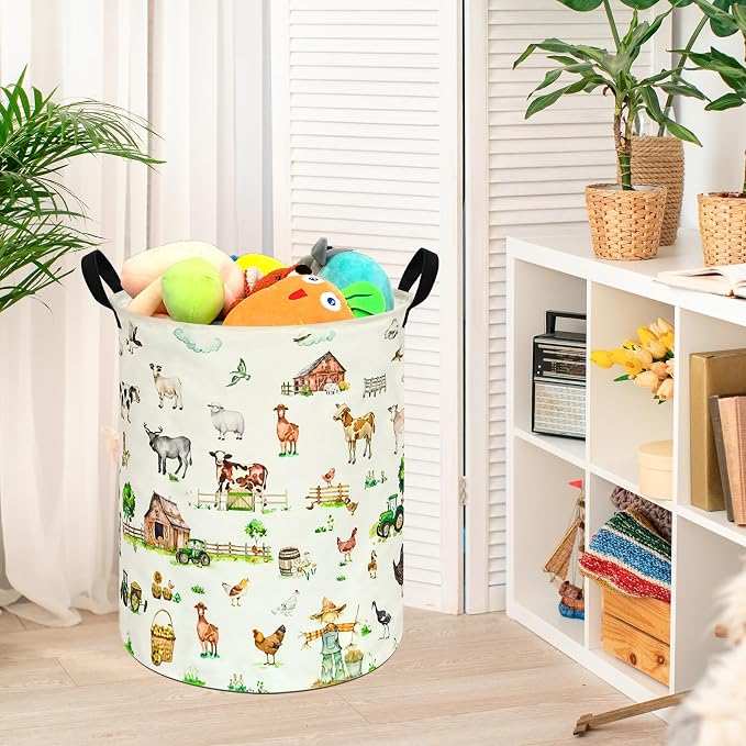 Collapsible Kids Laundry Basket Clothes Hamper, Foldable Storage Organizer Bin, Toy Clothes Storage with Handles for Boys Girls Bedroom, Room Decor Farm - Image 4