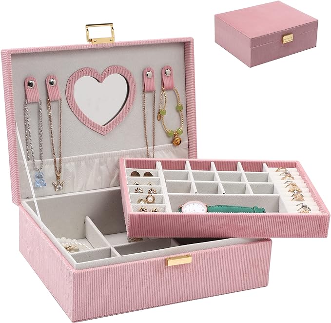 Dajasan Jewelry Boxes for Women Girls, Jewelry Organizer Box, 2-Layer Large Velvet Jewelry Organizer for Rings Necklaces Bracelets Watch Earring（Pink） by DAJASAN