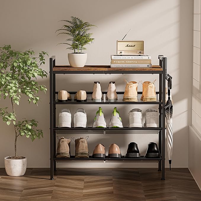 4 Tier Shoe Rack, Shoe Rack for Entryway with Hook, Shoe Organizer with Adjustable Mesh Shelves, Metal Shoe Storage, Closet, Bedroom Living Room Garage - Image 8