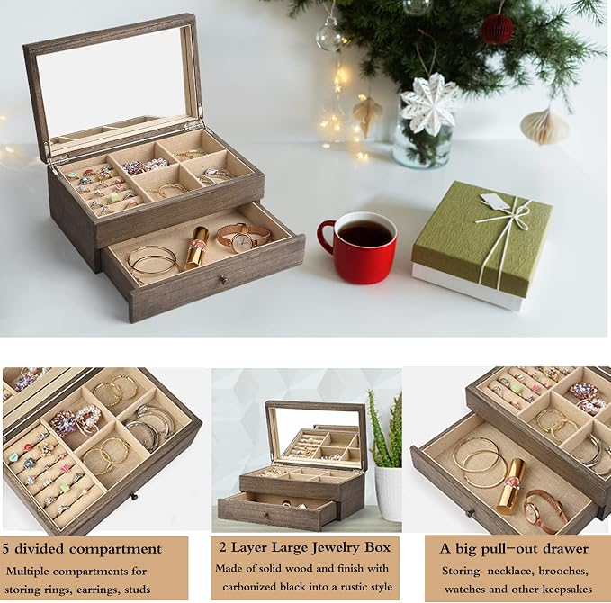 Meangood Jewelry Box Organizer for Women, 2 Layer Large Jewelry Storage Case, Rustic Wooden Jewelry Box with Mirror & Ring Tray for Necklace Earring Bracelets Rings, Vintage Style (Weathered Grey) - Image 2