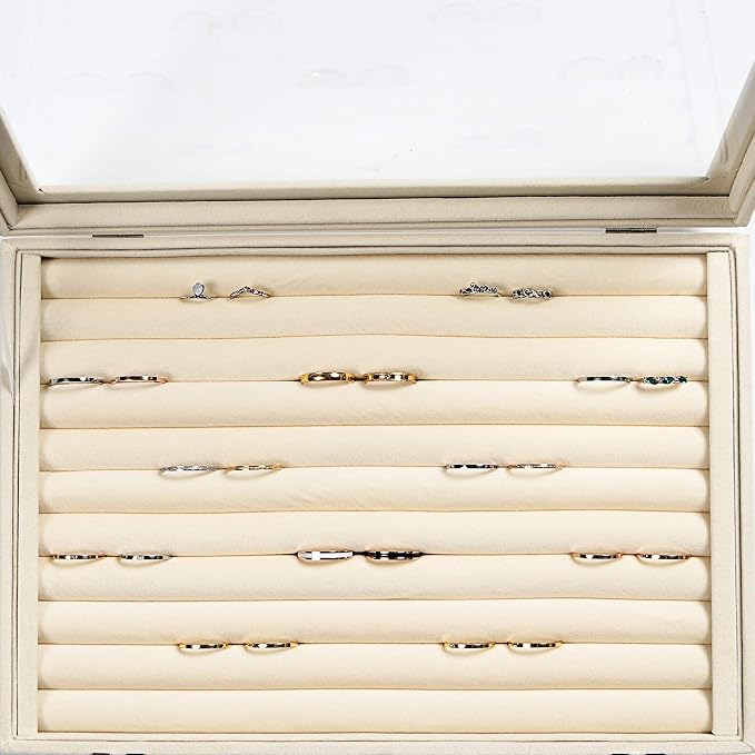 Frebeauty Rings/Earrings Organizer Tray with Clear Lid 10 Slots Velvet Drawer Insert Jewelry Storage box with Glass lid Jewelry Display Case Showcase Gift for Girls Women (Beige, 10 Slots) - Image 6