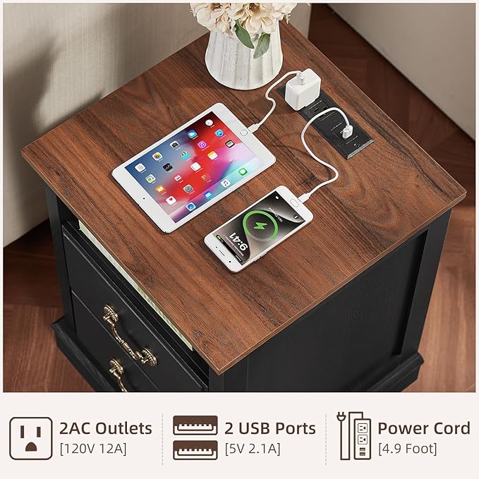 Farmhouse Dressers & Night Stand Set of 3,54" Wide 7 Drawer Dresser,18" Wide 2 Drawers End Table with Charging Station Set of 2,Furniture Dresser Sets for Home Black