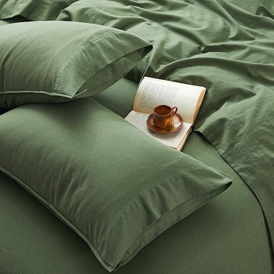 4Pcs Linen Sheets Full Size, 100% French Linen from Normandy, Breathable Forest Green Bed Sheets Full Sheet Set with 16 Inch Deep Pocket, 1 Flat Sheet, 1 Fitted Sheet, 2 Pillowcases
