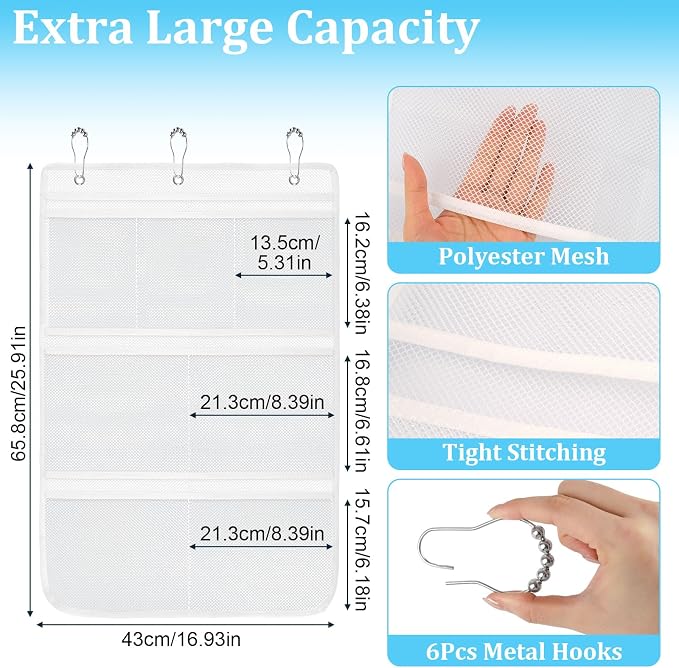 2 Pack Mesh Shower Caddy Hanging Organizer with 7 Pockets, Quick Dry Bathroom Storage Bag, Cruise Cabin and Dorm Essentials for Travel, Toiletry Organizer for Shampoo Soap - Image 2