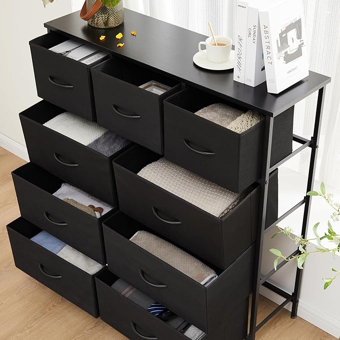 Sweetcrispy Dresser for Bedroom with 9 Storage Drawers, Tall Large Fabric Storage Tower Organizer, Chest of Drawers with Metal Frame Wooden Top for Closet, Living Room, Entryway, Black