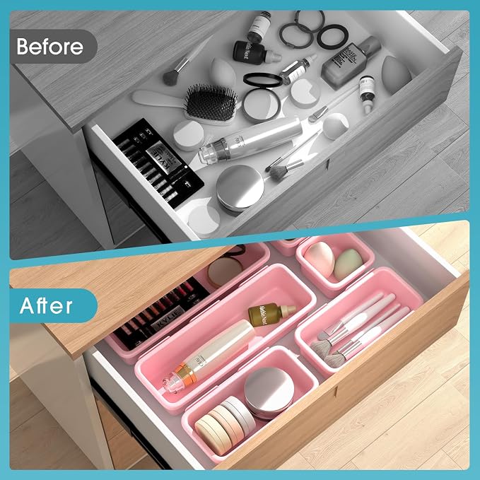 6 PCS Drawer Organizer Set, 3 Size Makeup Drawer Divider Organizer With Non-Slip Pads, Interlocking Plastic Storage Bins for Office,Jewelry Vanity,Gadgets, Bathroom,Kitchen, Pink - Image 6