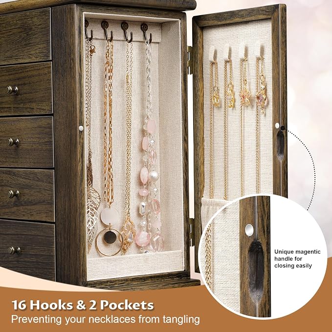 Emfogo Jewelry Box for Women, 5 Layer Large Wood Jewelry Boxes & Organizers for Necklaces Earrings Rings Bracelets, Rustic Jewelry Organizer Box with Rattan, Drawers and Mirror(Vintage) - Image 6