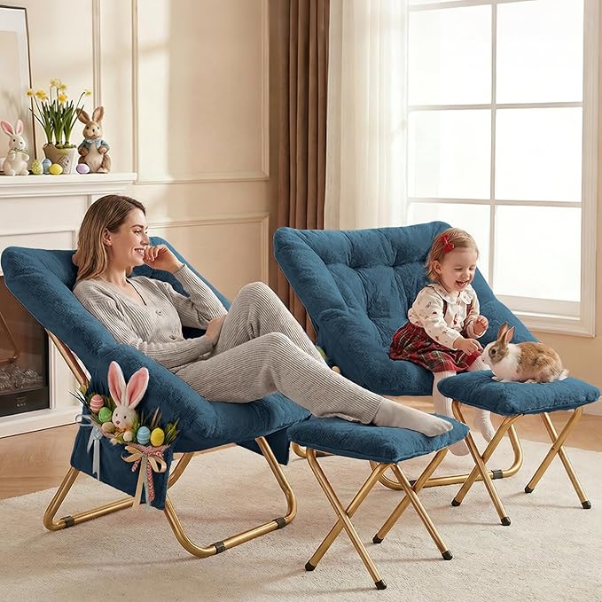 Kasunpul Comfy Saucer Chair, Foldable Living Room Chairs, Soft Faux Fur Lounge Chair for Bedroom, Reading Chairs for Adults, Teens, X-Large (Blue Grey)