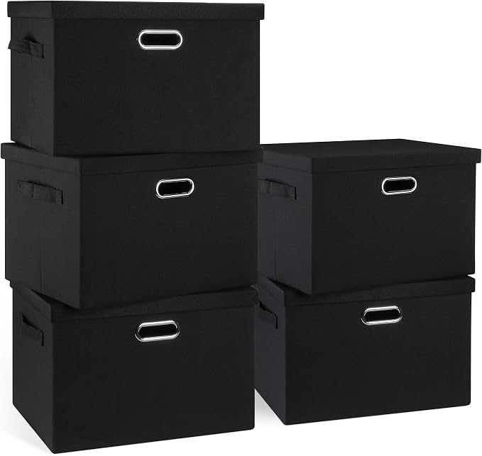 Graciadeco Large 17" 36 Quart Collapsible Stackable Storage Bins with Lids, 5 Packs Black Linen Fabric Closet Boxes with Lids, Storage Cube Baskets Container Organizers for Bedroom Office(17 x12 x11) by GraciadecoStorage