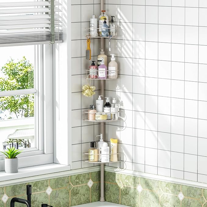 Urackify Corner Shower Caddy Tension Pole, 4 Tier Adjustable Bathroom Organizer Shelves, Shower Storage With Hidden Hook & Towel Holder,63.7-119 Inch No-Drill Quick Installation Shower Rack,Sliver by Urackify