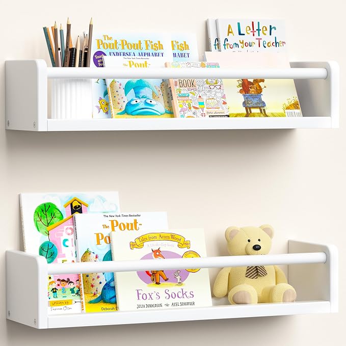 upsimples 2 Pack Nursery Book Shelves, 15.7 Inch Floating Bookshelves for Wall, Baby Nursery Decor, Small Solid Wood Wall Mounted Shelves for Baby Kids Boys Girls, White by upsimples