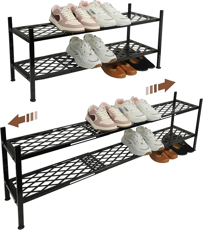 Shoe Rack, 45.6" Expandable Shoes Storage Metal Shoe Shelf Stand 2-Tier Stackable Boot Organizer for Closet, Entryway, Garage, Bedroom, Door Entrance, Black by Nijoam