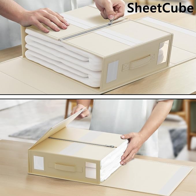SheetCube Bed Sheet Organizers and Storage 8 Pack, Foldable Linen Closet Organizer with Window and Label, Bedding Folder Storage Box Container for Blanket, Duvet Cover Set, Bed Sheet Set - Beige - Image 4