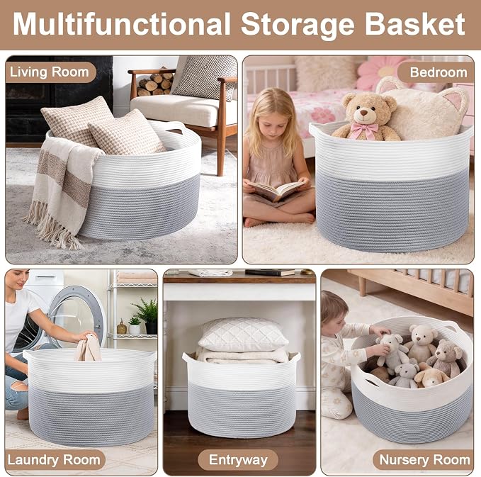 XXXL Large Laundry Basket, 105L Soft Cotton Rope Basket, Blanket Storage and Organizers, Baby Nursery Laundry Hamper, Extra Large Toys Storage Bins for Kids 23.6'' x 14.6'', White & Gray - Image 6