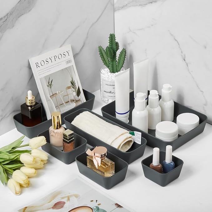 ISSEVE 8Pcs Nesting Silicone Drawer Organizer Trays, 4 Size Versatile Vanity Bathroom & Desk Drawer Organizer Set Storage Bins for Office,Kitchen,Nightstand,Black - Image 5