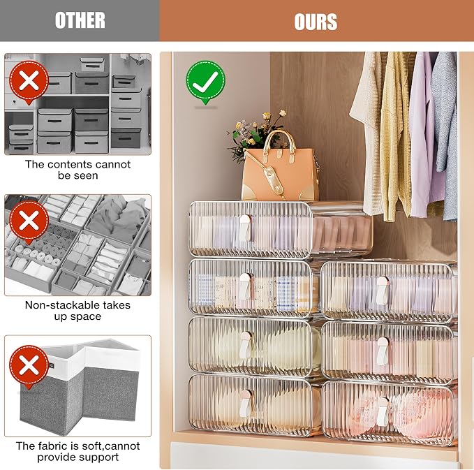Sock Underwear Drawer Organizer - 24 Compartment Clear Acrylic Storage Bins with Removable Dividers for Closet, Stackable Dresser Drawer Box for No-Mess Socks, Tiers, Baby Clothes, Belt, Tea Bag - Image 4