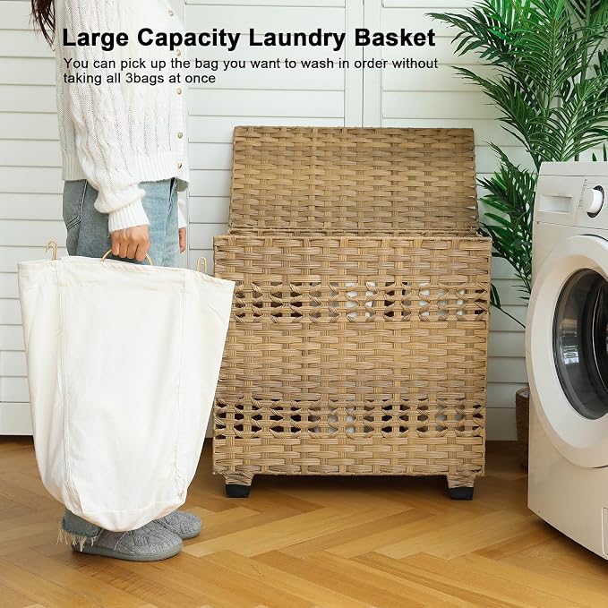 OIAHOMY Laundry Hamper with Lid, 140L Clothes Hamper with 3 Removable Liner Bags, Foldable Basket with Lid, Synthetic Wicker Laundry Basket for Bedroom, 27x 13 x 26 Inches, Yellow - Image 6