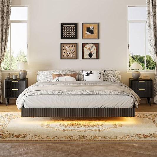 LYNSOM 3 Pieces King Bedroom Set, Floating Bed Frame with Smart LED Lights & Nightstand Set of 2, Fluted Bedroom Furniture Set for Home, Bedroom, Black