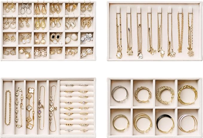 Velvet Jewelry Drawer Organizer Trays – 4-Layer Stackable Jewelry Storage Inserts Set, Beige Jewelry Tray Set for Earrings, Rings, Necklaces, Bracelets with Removable Dividers for Dresser & Vanity by pickpiff