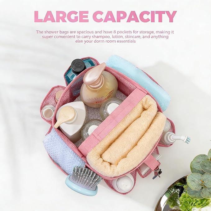 Mesh Shower Caddy Portable for College Dorm Room Essentials,Hanging Shower Caddy Dorm Basket with 8 Pockets,Quick Dry Shower Bag for Bathroom,Beach,Swimming,Gym (Light Pink) - Image 5