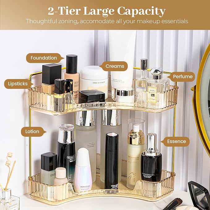 Aveniee Corner Bathroom Counter Organizer, Bathroom Countertop Shelf Makeup Organizer for Vanity Perfume Tray for Corner Storage (2 Tiers, Gold) - Image 2