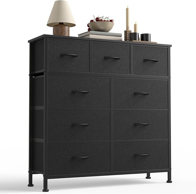 Sweetcrispy 9-Drawer Fabric Dresser Storage Tower with Wood Top and Steel Frame, Organizer Chest with Easy Pull Handles for Bedroom, Closet, Hallway,Classic Black by Sweetcrispy