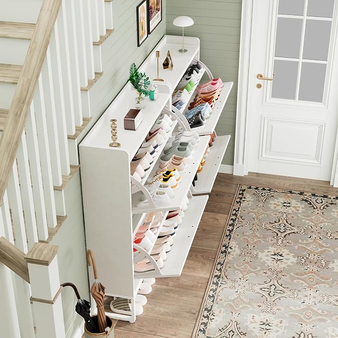 GRUSIGN Shoe Cabinet, Shoe Storage Cabinet with 2 Flip Drawers & Adjustable Shelf, Space-Saving Shoe Organizer – Holds 16+ Pairs, Narrow Shoe Cabinet Storage for Entryway/Hallway（White） - Image 8