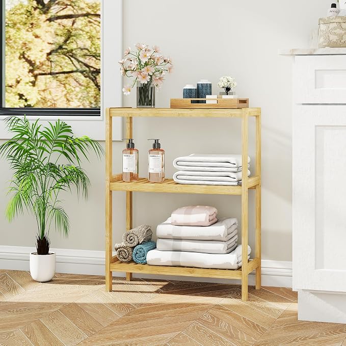 Bamboo Bathroom Shelf, Stand Utility Storage Shelf Multifunctional Bathroom Kitchen Living Room Holder Plant Flower Stand (3-Tier) - Image 2