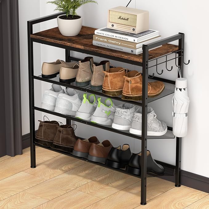 Refrze Shoe Rack for Front Door Entrance, 4 Tier Height-Adjustable Metal Shoe Rack, Sturdy Wooden Top and Tiltable Steel Frame Heavy Duty Shoe Organizer for Bathroom,Bedroom,Kitchen，Include Hook by Refrze