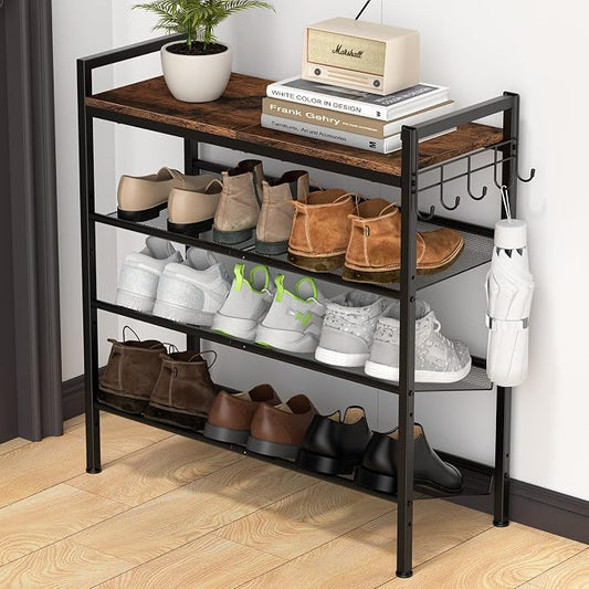 Refrze Shoe Rack for Front Door Entrance, 4 Tier Height-Adjustable Metal Shoe Rack, Sturdy Wooden Top and Tiltable Steel Frame Heavy Duty Shoe Organizer for Bathroom,Bedroom,Kitchen，Include Hook by Refrze