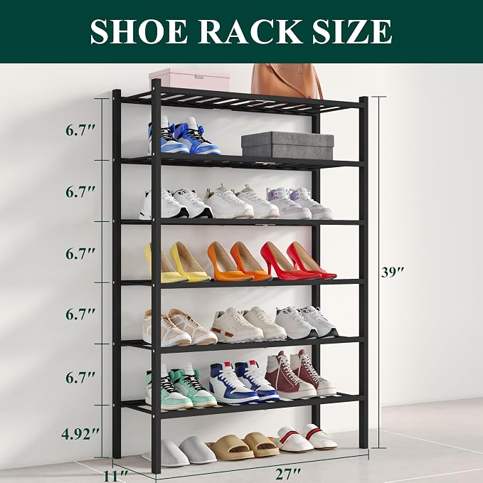 Smiry Shoe Rack, 6 Tier Bamboo Shoe Organizer, Stackable Free Standing Wooden Shoe Storage Shelf for Closet, Entryway, Front Door Entrance, Black - Image 2